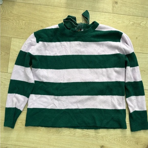 Green and Lavender Preppy Striped Sweater with Velvet Bow - Picture 9 of 9